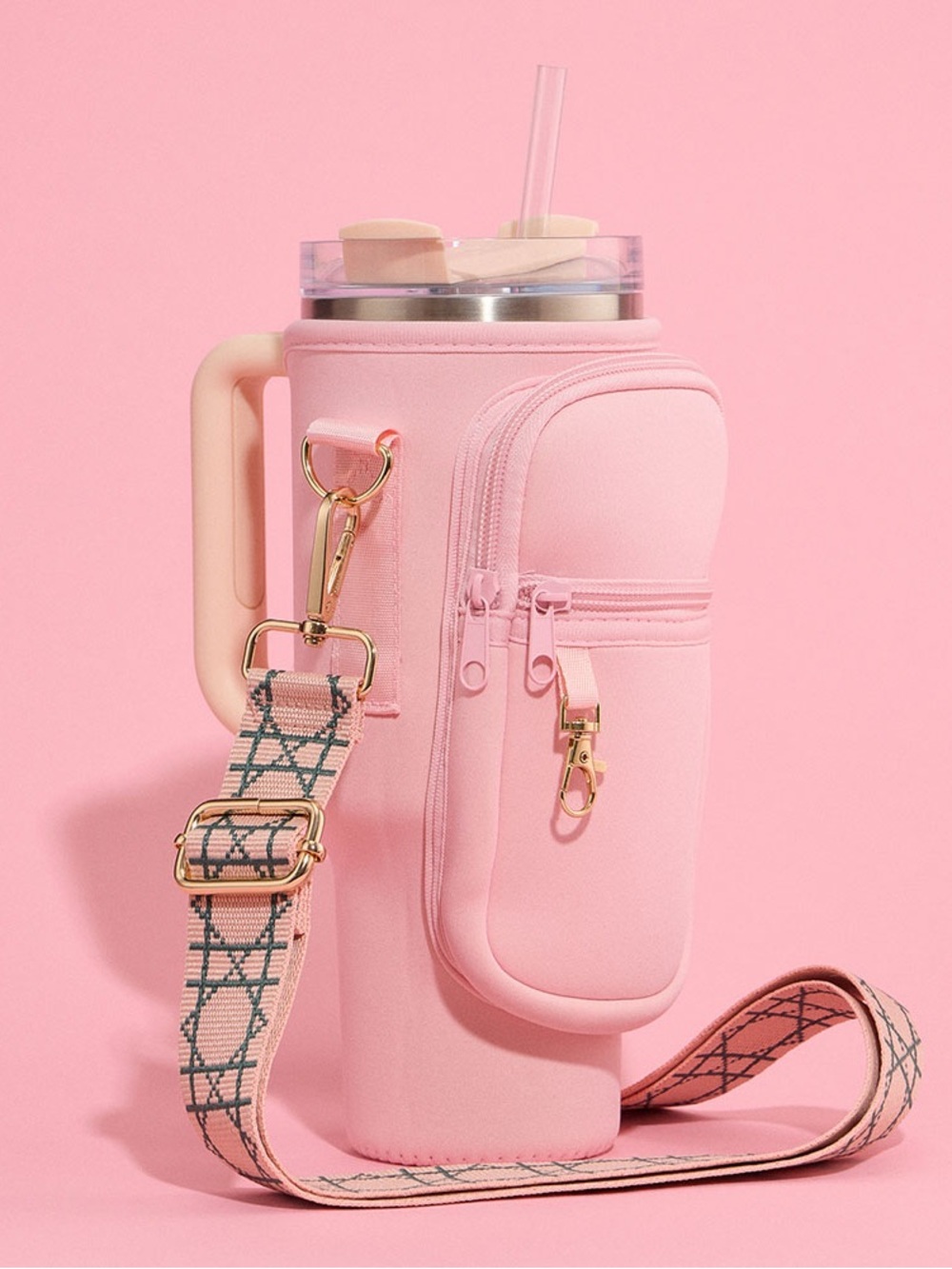 Pink Insulated Bottle Tote with Strap